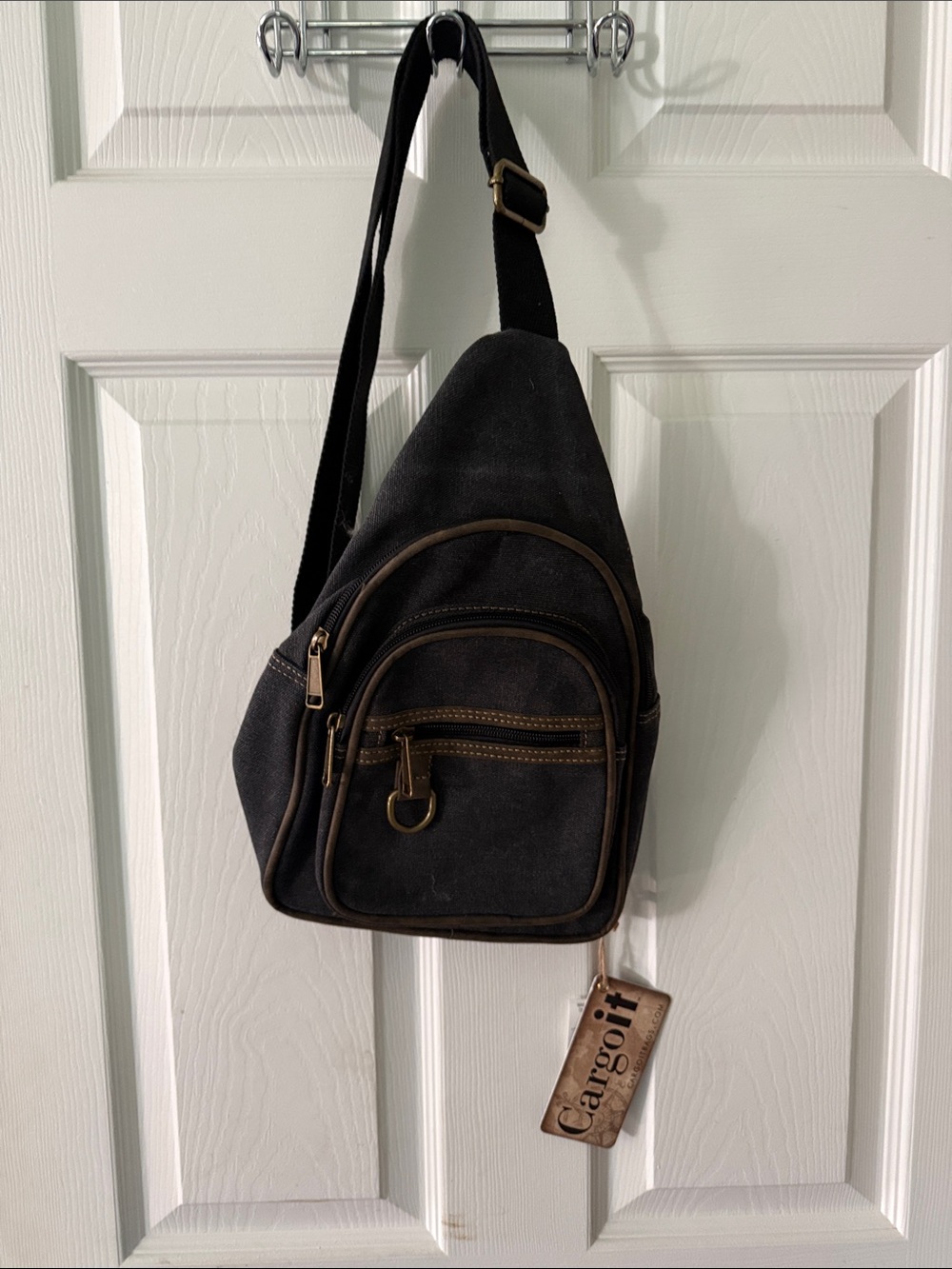 Cargo Black Sling Belt Bag with Brown Trim